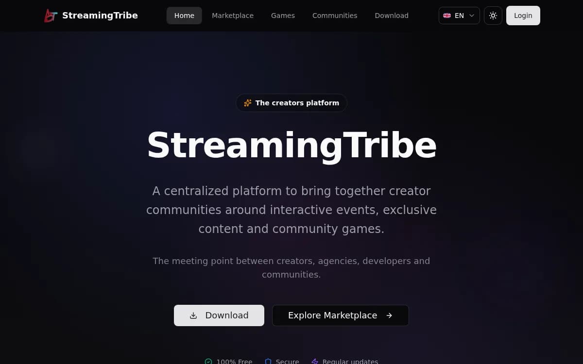 Page d'accueil de StreamingTribe, la plateforme des créateurs